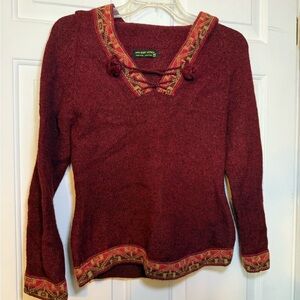 Peruvian 100% Baby Alpaca Hooded Sweater Small V Neck Peruvian Trim Burgundy